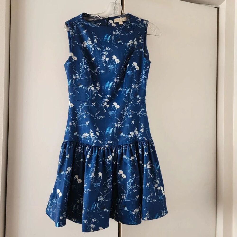 Erin Fetherston blue bird print drop waist mini dress size 4 anthropologie boho